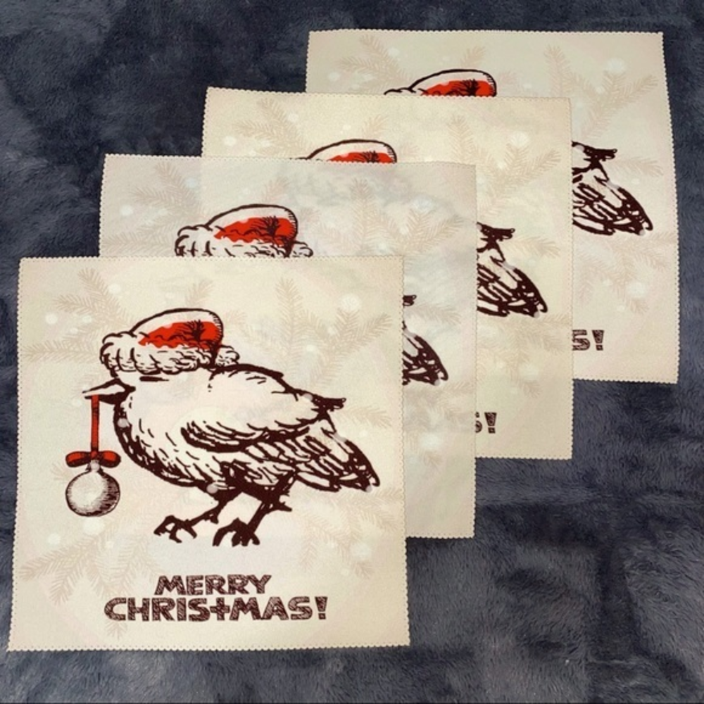 Set of 4 Christmas‎ placemats. 12” square bird with Santa hat